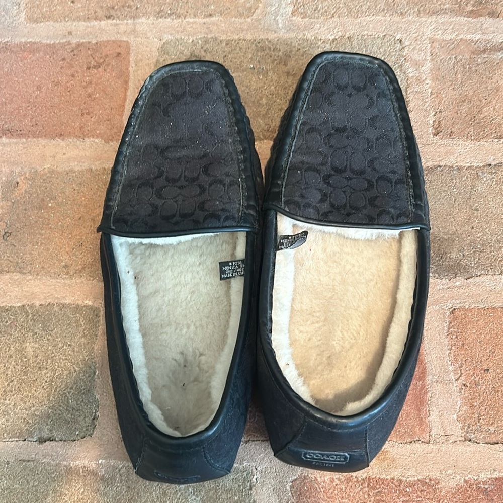 Coach Monica Fur Black Signature Logo Moccasin Loafer Slippers Size 9